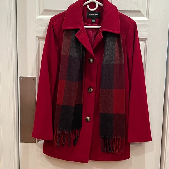 London Fog Red Wool Coat with Attached Plaid Fringe Scarf Women's Size Med EUC - Picture 1 of 15